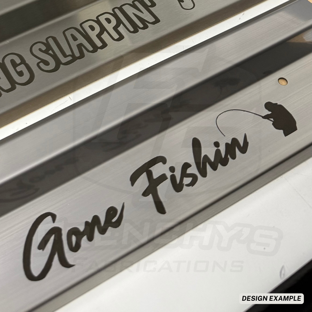 DUAL CAB Stainless Steel Sill Trims (2B Milled Finish, Gone Fishin, V1 Style)