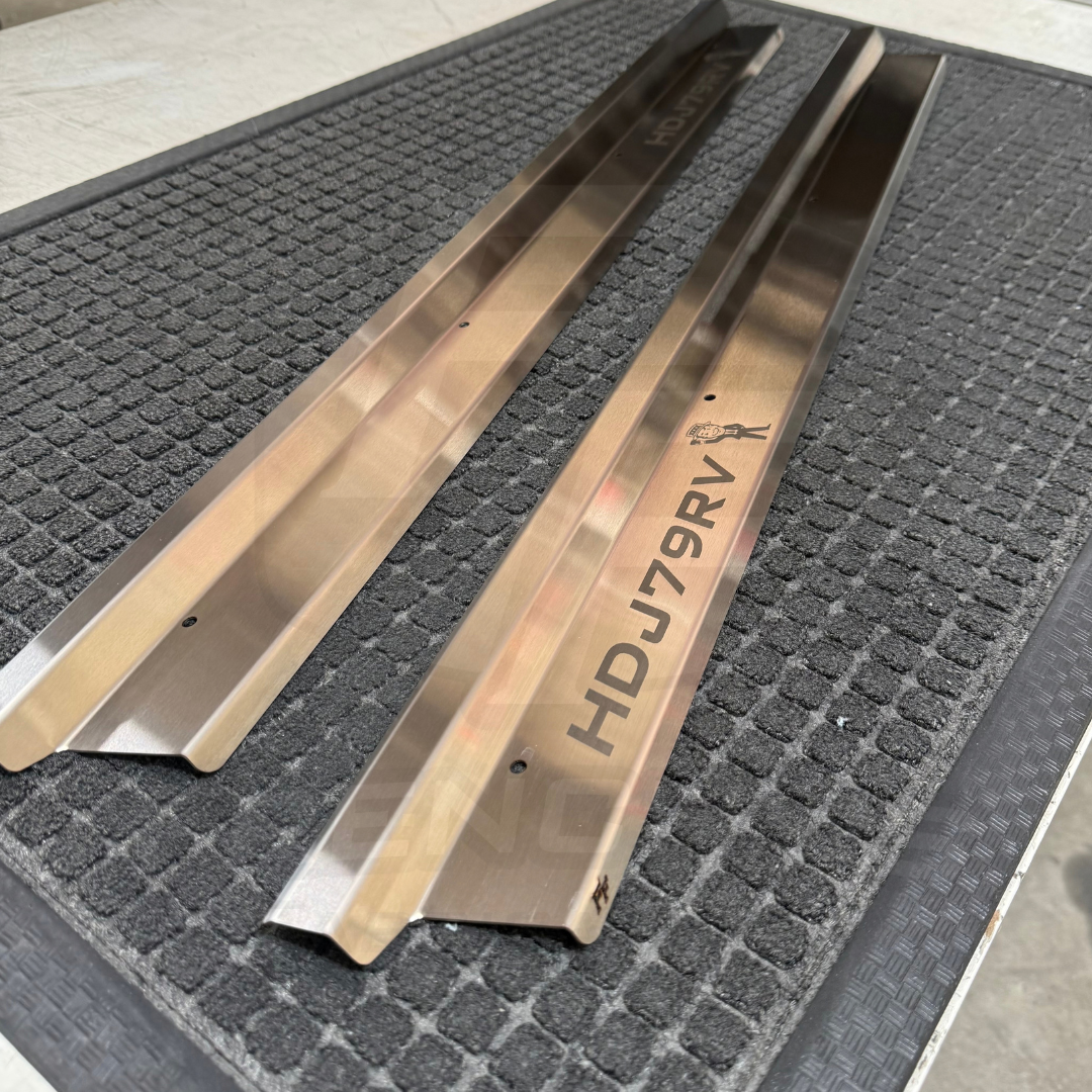 SINGLE CAB Stainless Steel Sill Trims - Suitable for use with 70 Series LandCruiser (CUSTOM TEXT)