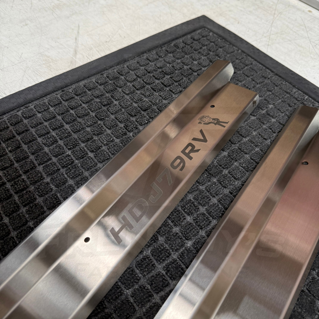 SINGLE CAB Stainless Steel Sill Trims - Suitable for use with 70 Series LandCruiser (CUSTOM TEXT)
