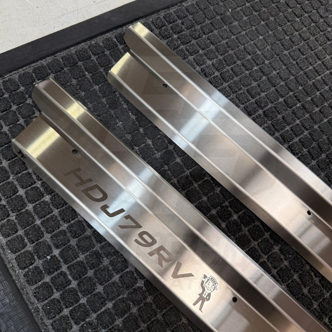 SINGLE CAB Stainless Steel Sill Trims - Suitable for use with 70 Series LandCruiser (CUSTOM TEXT)